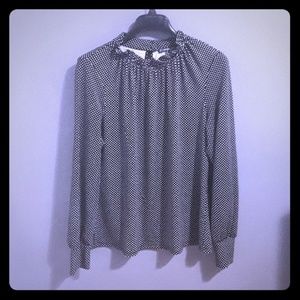 Long Sleeve Polka Dot Blouse with High Ruffle Neck